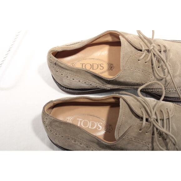 Tod's Men's Grigio Beige Suede Wingtip Derby Lace-up Shoes Size 9M Preppy Italy - Picture 10 of 12